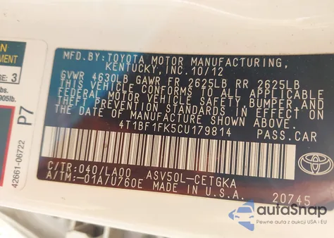 2012 Toyota Camry Xle z USA, uszkodzony, nr VIN 4T1BF1FK5CU179814